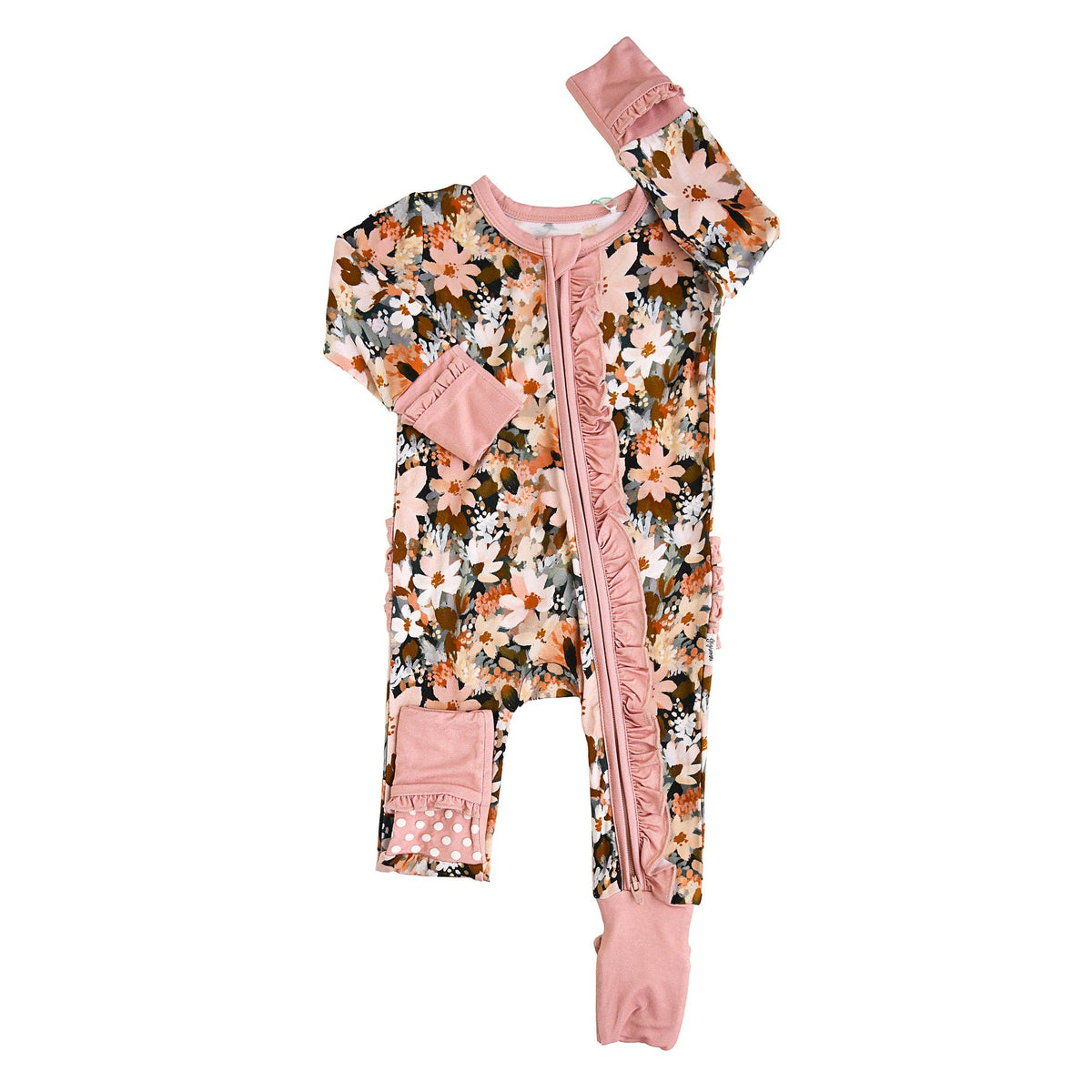 Palmer RUFFLE ZIP Bamboo Floral One Piece Baby Outfit: 3-6m