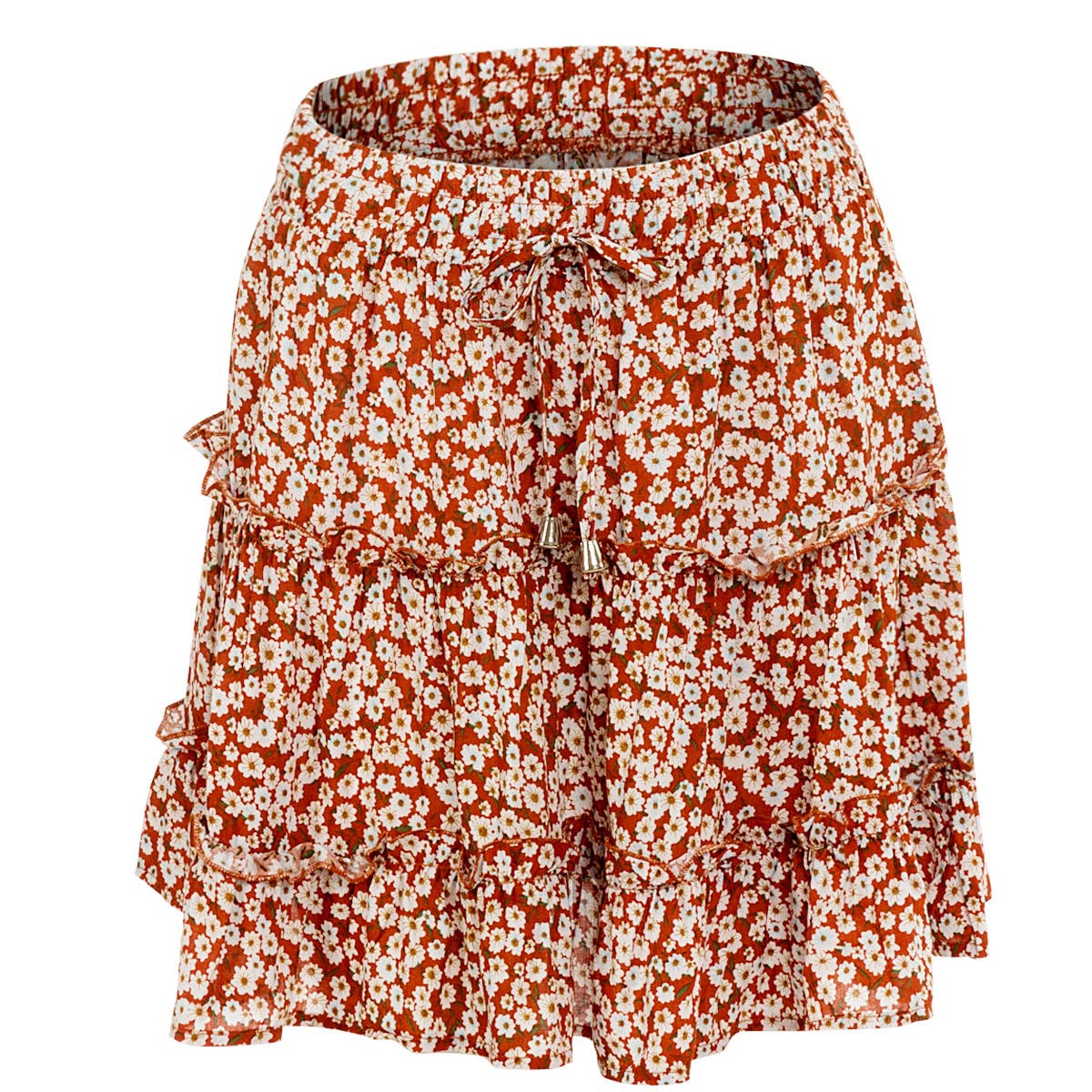 Elastic waist floral tiered mini skirt