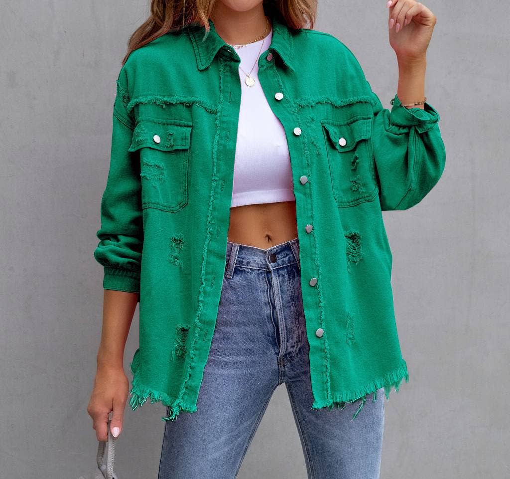 Ripped Loose Denim Jacket: Violet / XL