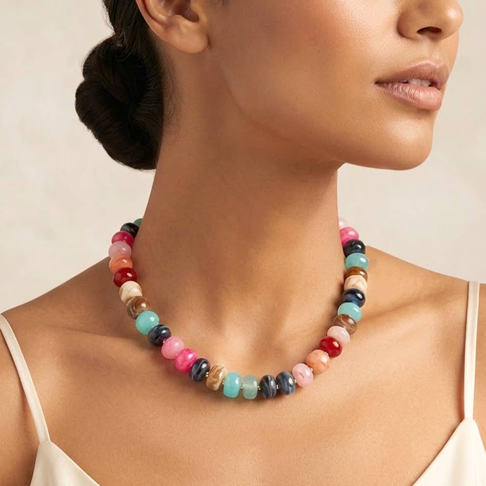 Chunky Colorful Rondelle Beaded Statement Necklace: Multi