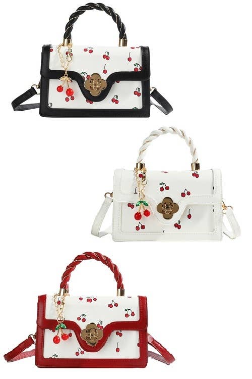 Cherry Pattern Vegan Leather Shoulder Hand Bag: BLACK / 1 (ONE SIZE)