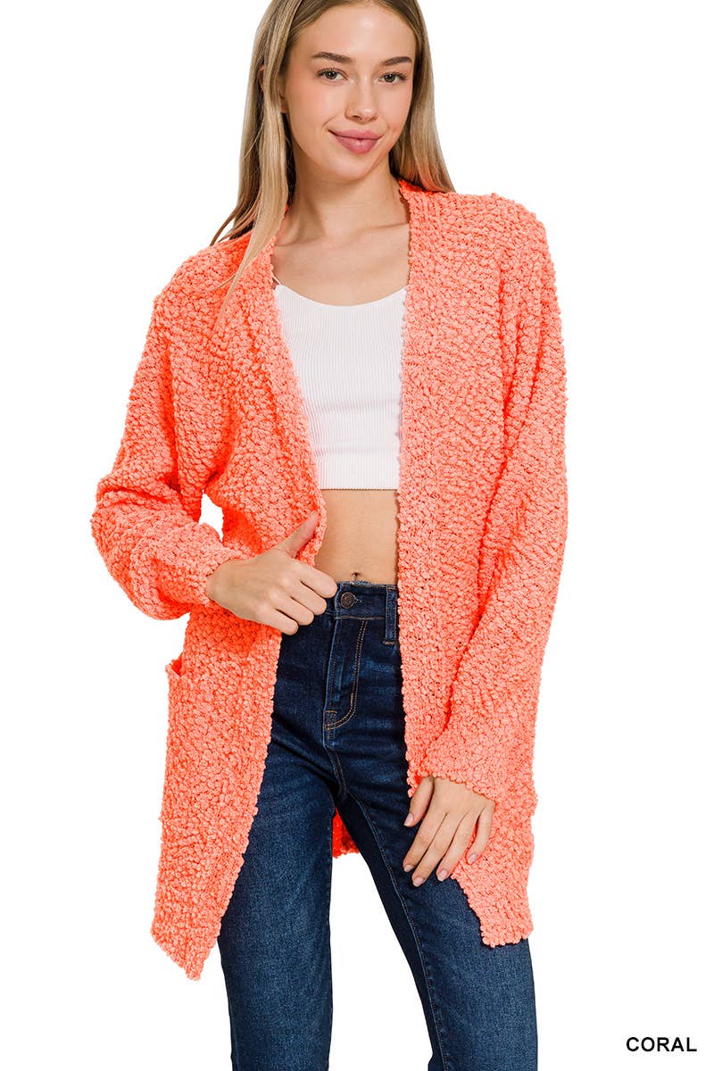 Long Sleeve Popcorn Sweater Cardigan With Pockets: BLACK / 1-1-1-1 (S-M-L-XL)