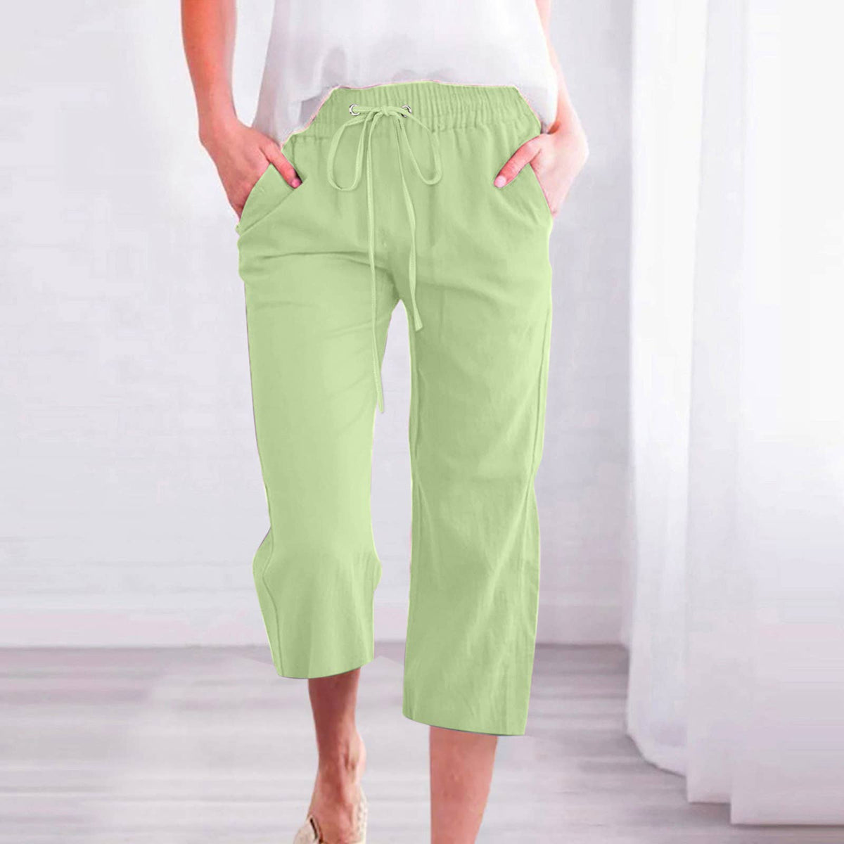 Casual Cropped Pants with Drawstring Waist and Pockets: DarkBlue / L