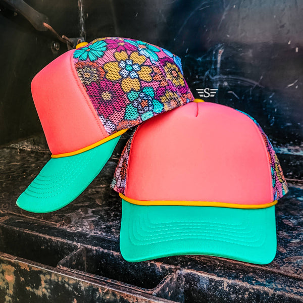 Floral Magna Pony™ Mesh Foam Trucker Hat: Salmon/ Turquoise Tri Color