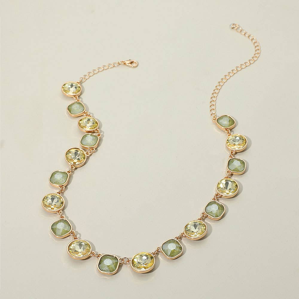 Round Square Stone Bezel Cluster Link Necklace: Clear