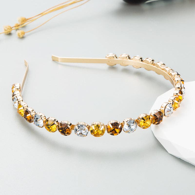 Baroque Gold Metal Headband With Colorful Rhinestones: Pastel Pink