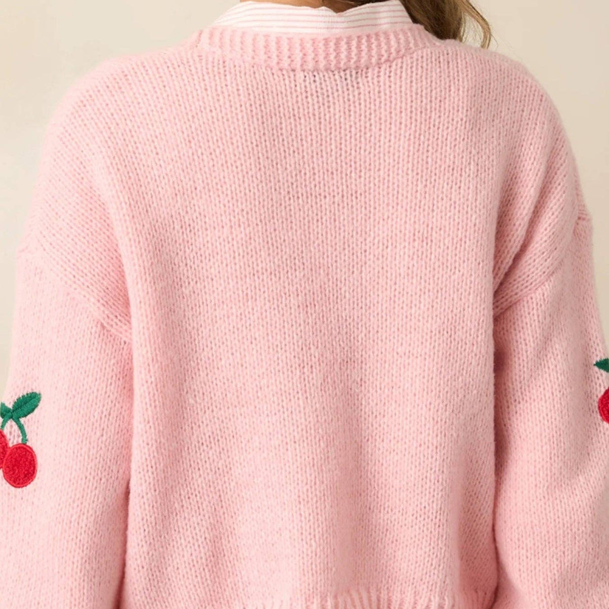 Cherry Embroidery Pink Sweater Cardigan