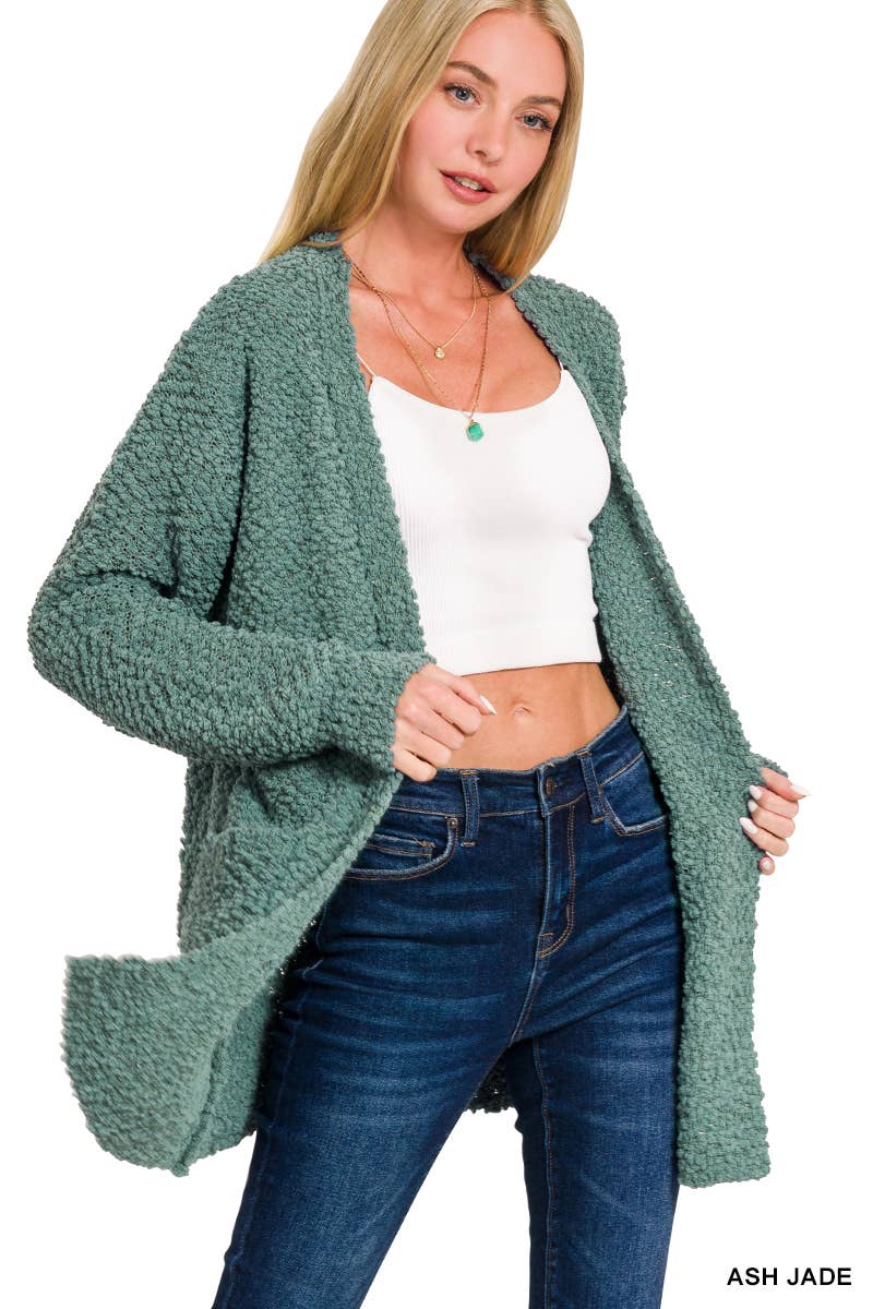 Long Sleeve Popcorn Sweater Cardigan With Pockets: BROWN / 1-1-1-1 (S-M-L-XL)