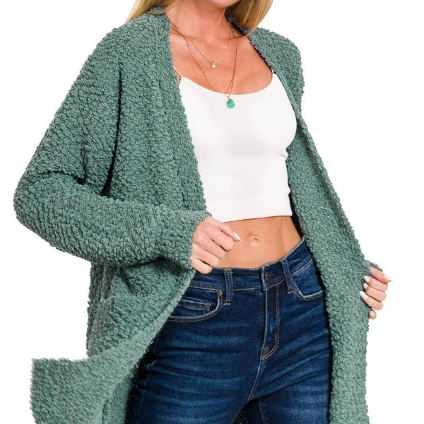 Long Sleeve Popcorn Sweater Cardigan With Pockets: ASH JADE / 1-1-1-1 (S-M-L-XL)