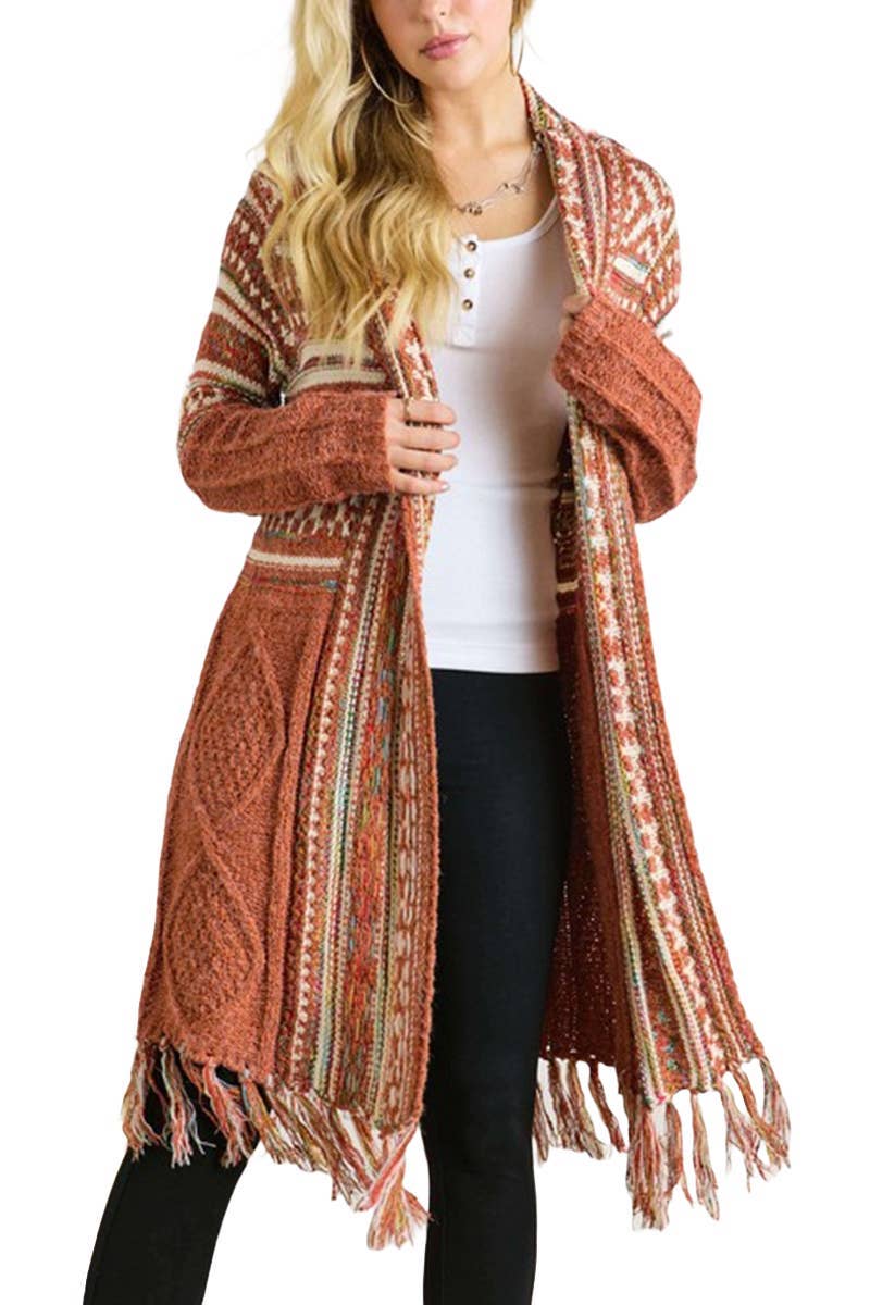 Fringe Hem Aztec Cardigan: RUST / 3-3 (S/M-M/L)