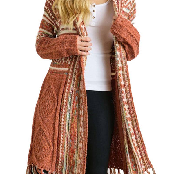 Fringe Hem Aztec Cardigan: RUST / 3-3 (S/M-M/L)