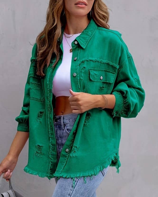 Ripped Loose Denim Jacket: Violet / L