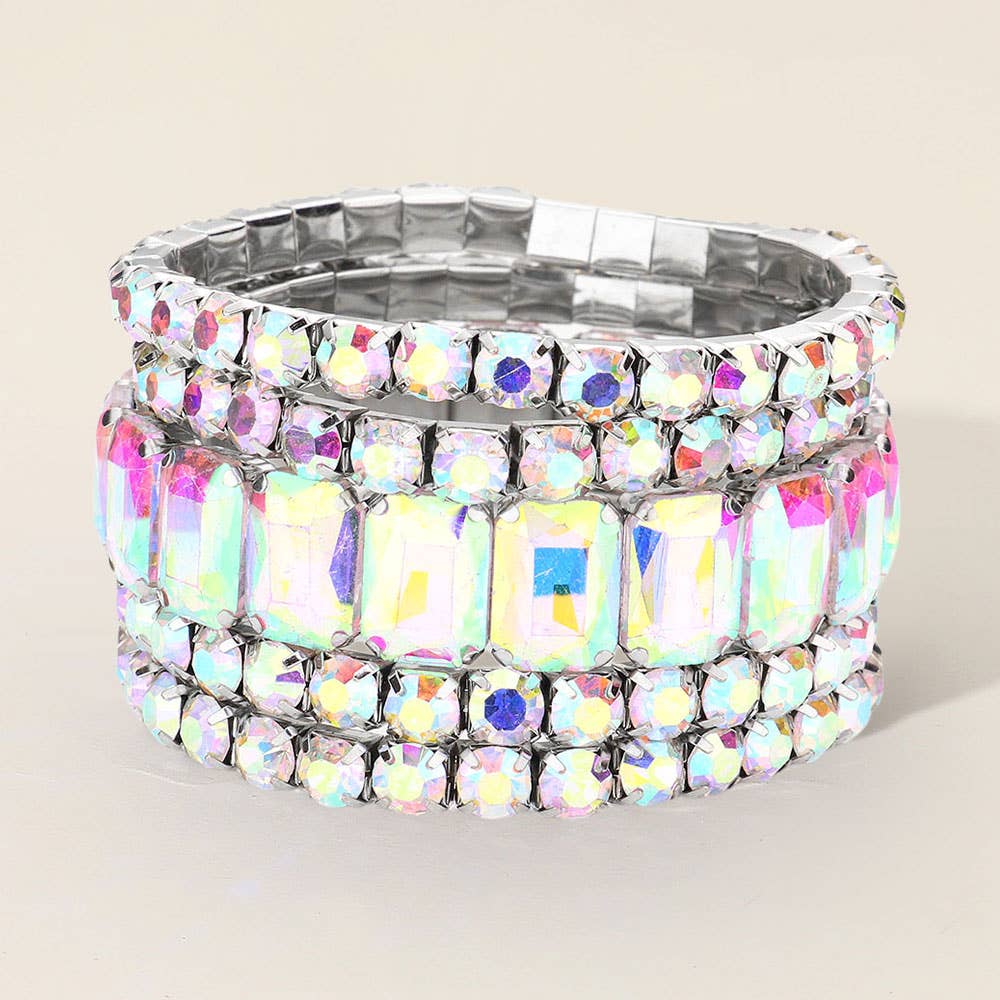 5PCS - Emerald Cut Round Stone Stretch Evening Bracelets: GOLD CLEAR