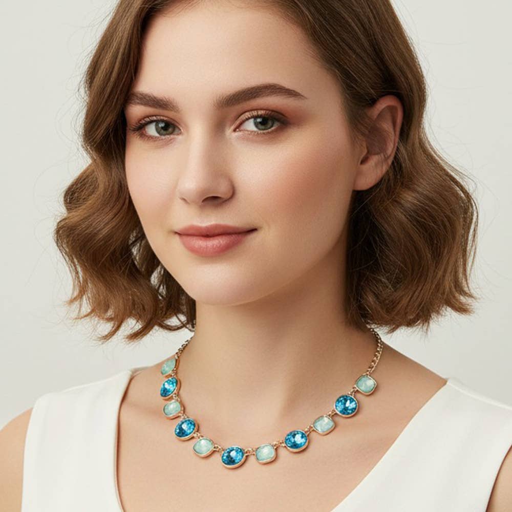 Round Square Stone Bezel Cluster Link Necklace: Light Pink