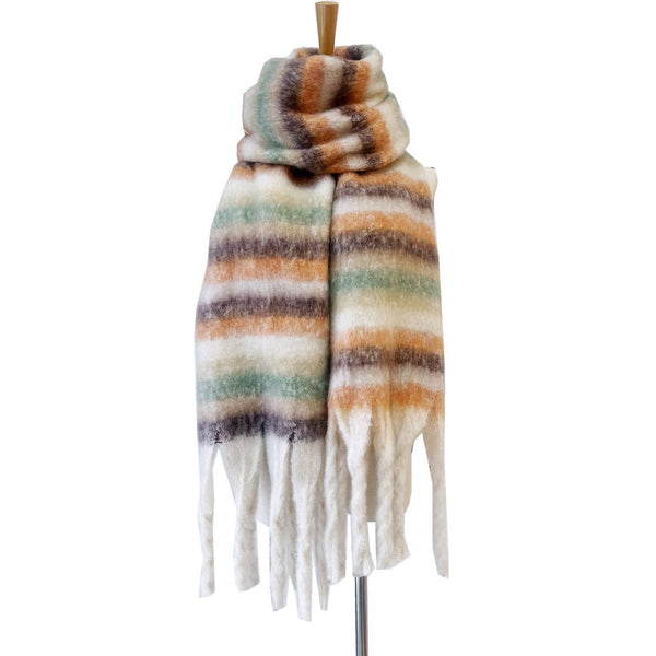 Multicolor stripe cozy soft fringe scarf wrap: Beige / M