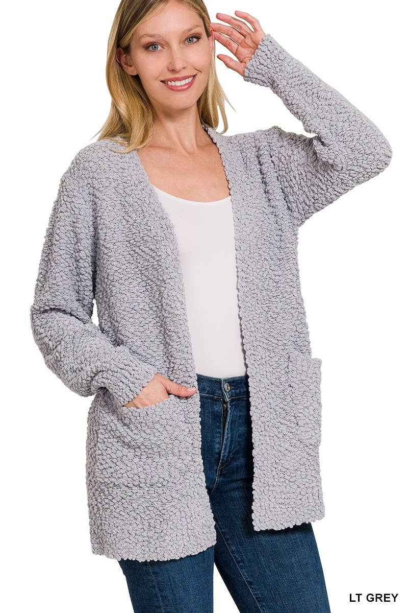 Long Sleeve Popcorn Sweater Cardigan With Pockets: ASH JADE / 1-1-1-1 (S-M-L-XL)
