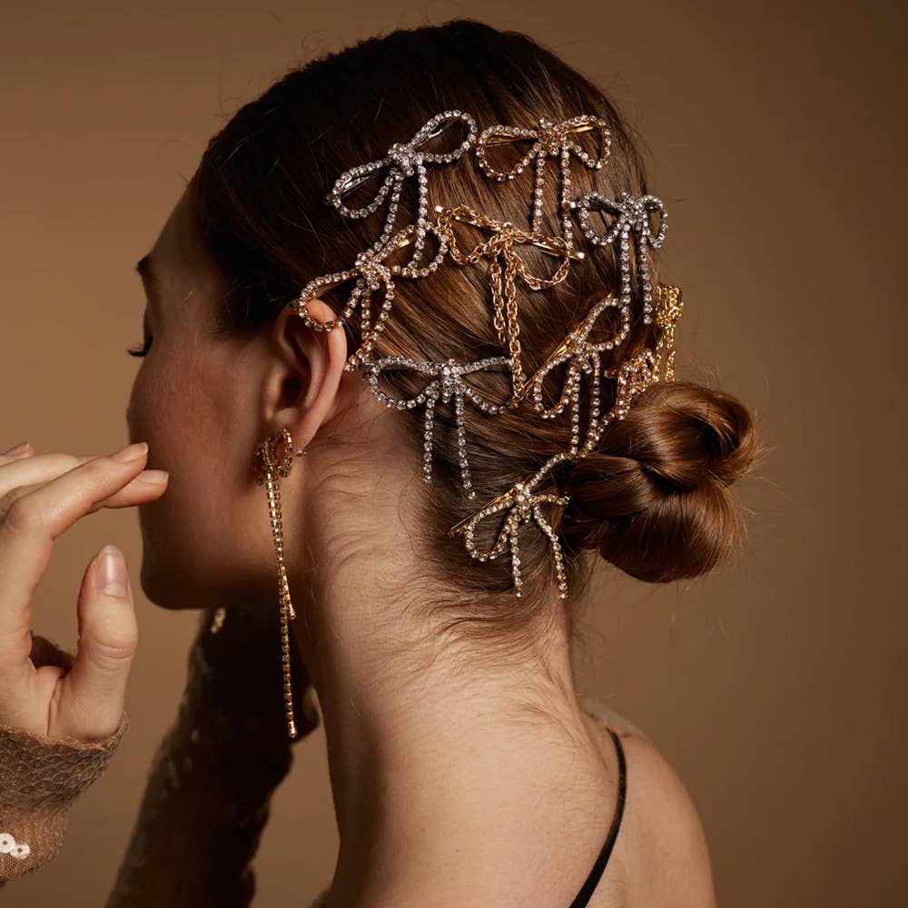 Sweet rhinestone bow hairpin diamond tassel ribbon hairpin: Gold