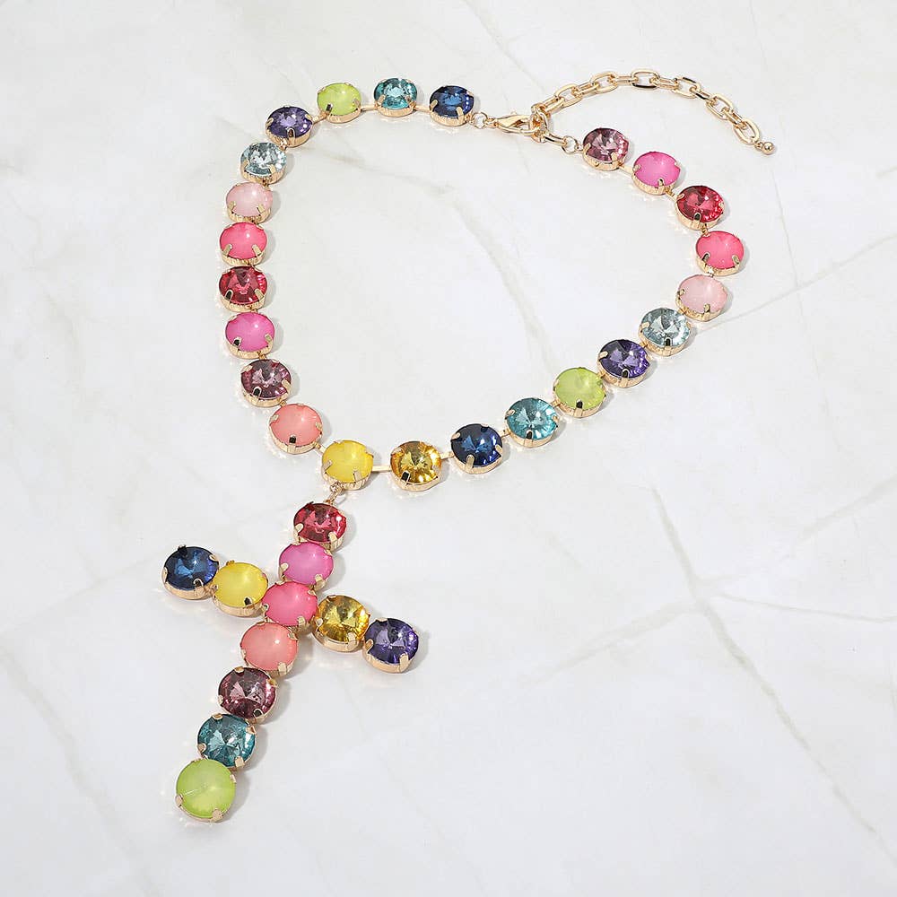SECRET BOX_Bold Multicolor Faceted Round Gem Cross Pendant Link Statement Necklace