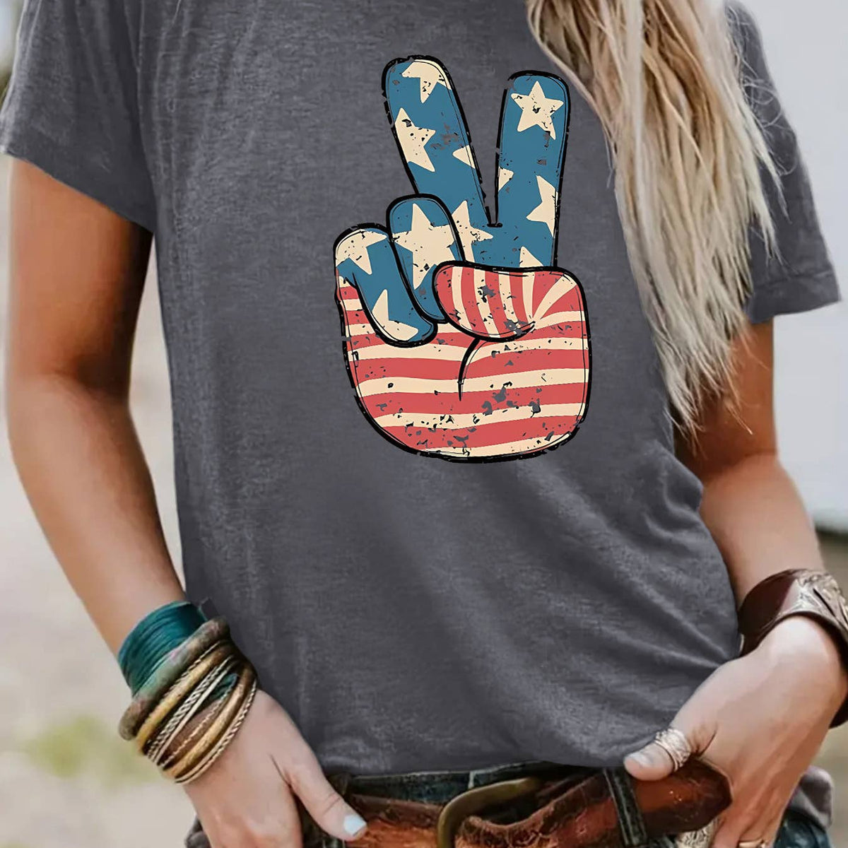 Peace Hand Sign With American Flag T-Shirt: DarkGrey / XL