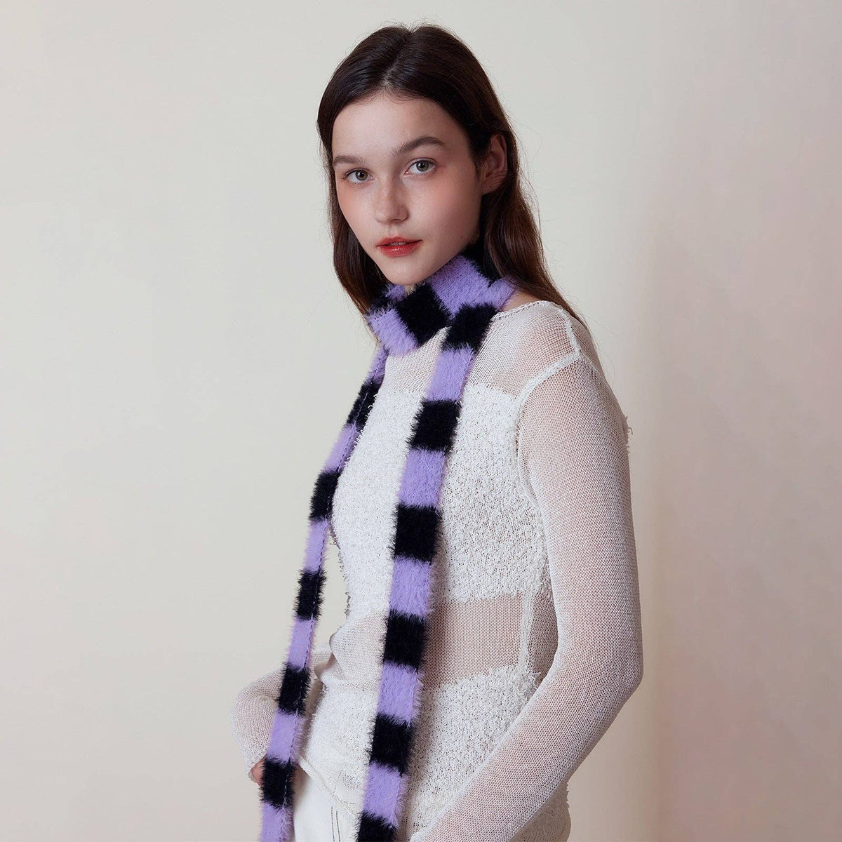 Trendy Striped Knitted Scarf for Women: Black and White Patchwork
