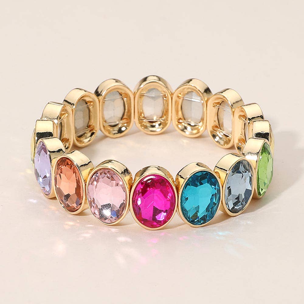 Oval Faceted Stone Beaded Stretch Evening Bracelet: Light,Multi