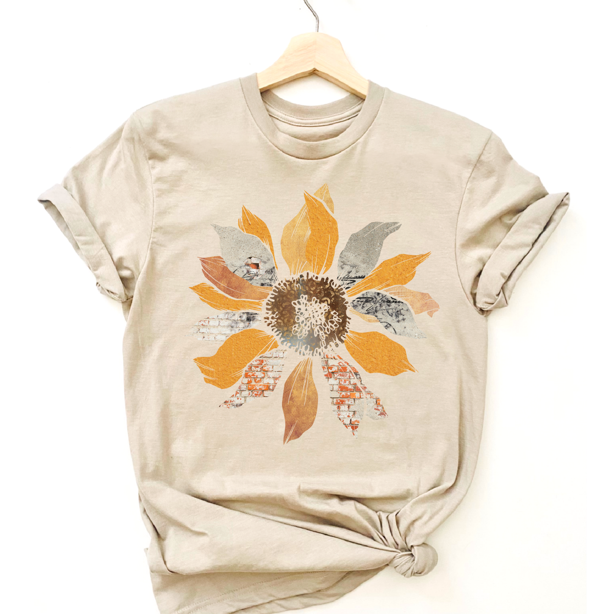 Grunge Sunflower Summer FLower Floral yellow t Graphic tee: Sand