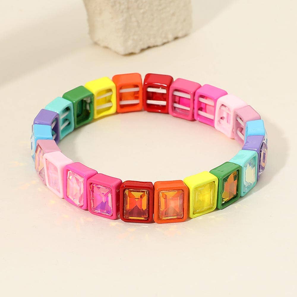 Rectangle Crystal Beaded Stretch Bracelet: Dark,Multi