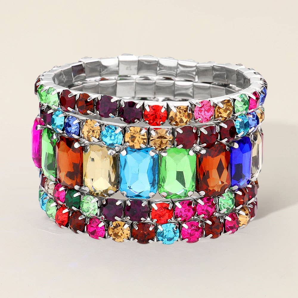 5PCS - Emerald Cut Round Stone Stretch Evening Bracelets: SILVER AB
