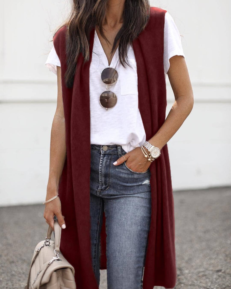 Trendy Longline Sleeveless Cardigan Vest for Women: Purple / L