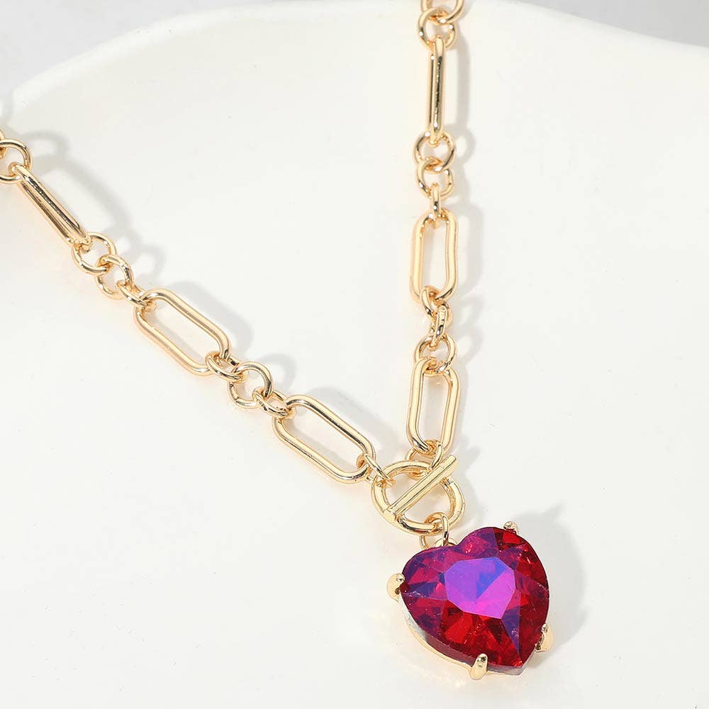 Chunky Heart Stone Cluster Toggle Pendant Necklace: Fuchsia,Neon