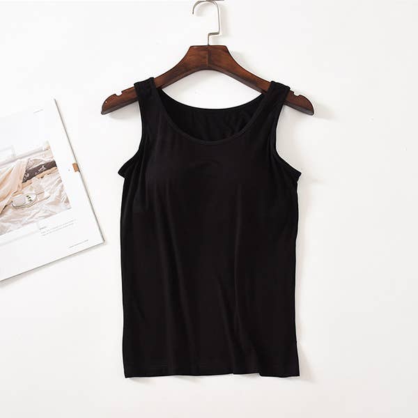 Skin-friendly soft round neck built-in bra tank top: Black / L