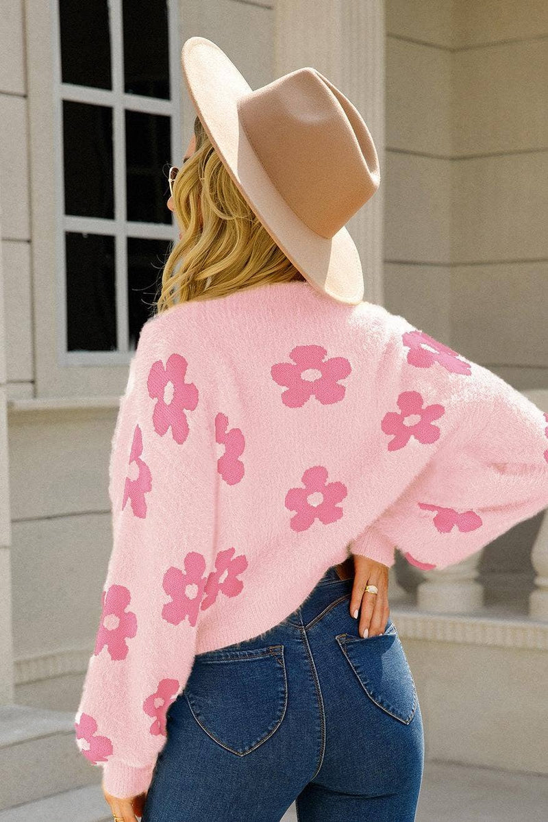 Floral Knit Crop Cardigan - Fuzzy V-Neck Sweater: soft pink Medium