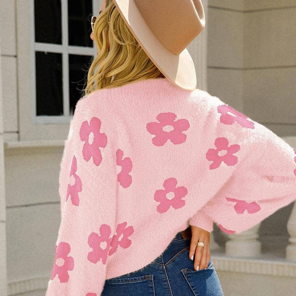 Floral Knit Crop Cardigan - Fuzzy V-Neck Sweater: soft pink Medium