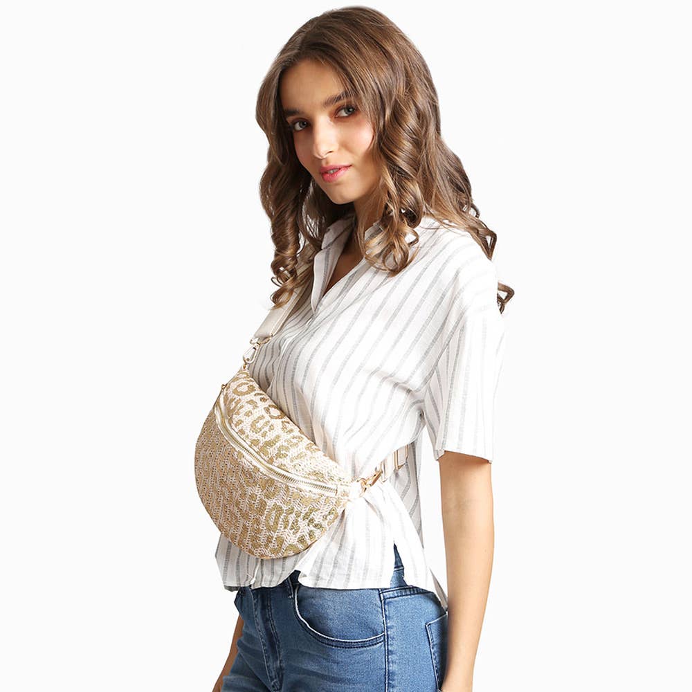 Leopard Pattern Embroidered Crossbody Belt Bag / Fanny Pack: Silver