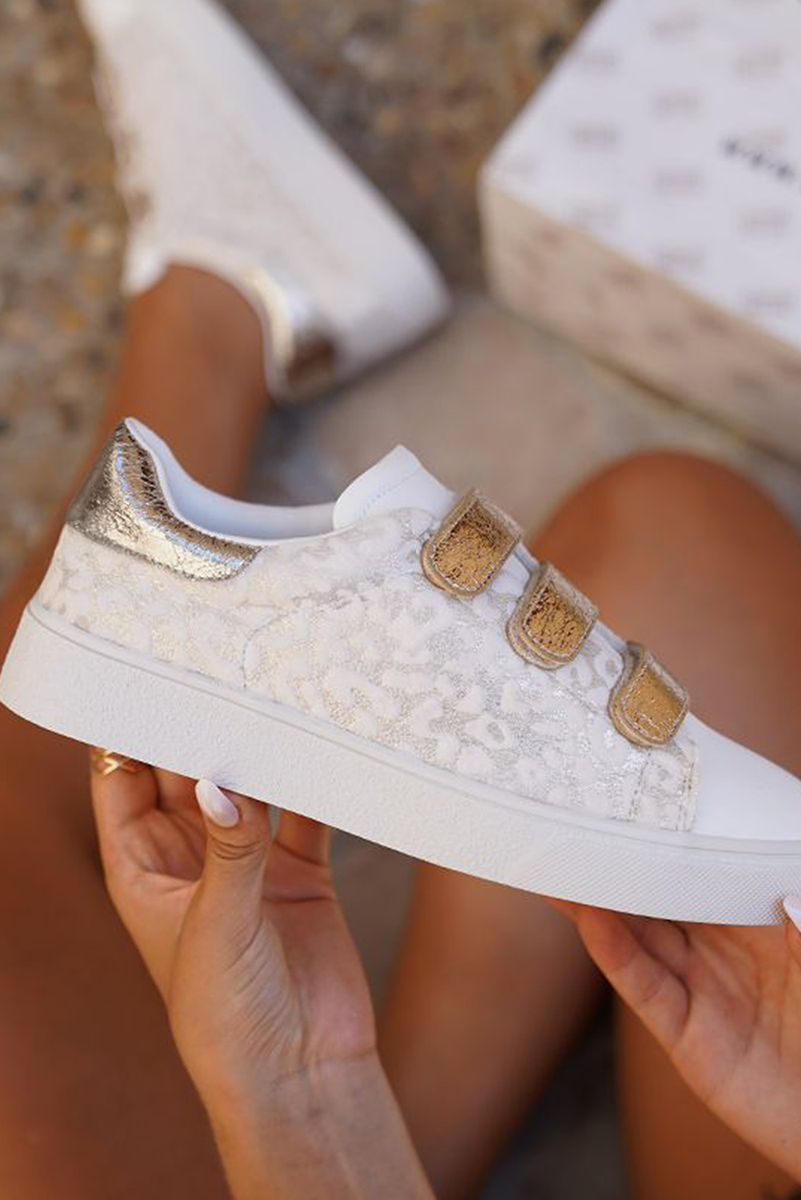 White Leopard w/gold Velcro Straps
