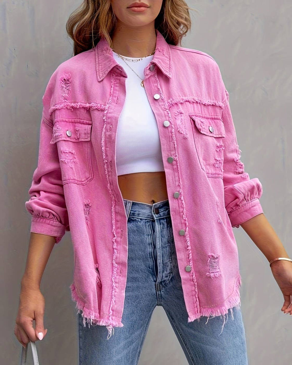 Ripped Loose Denim Jacket: Violet / M