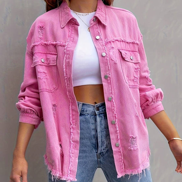 Ripped Long-Sleeved Denim Jacket - Candle Queen Candles