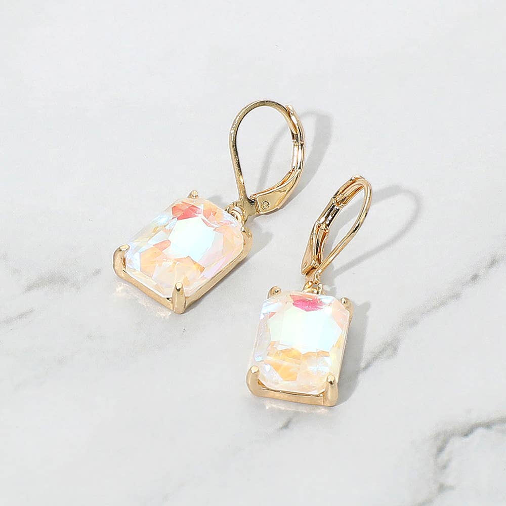 Rectangular Glass Stone Drop Dangle Earrings: Clear,Silver