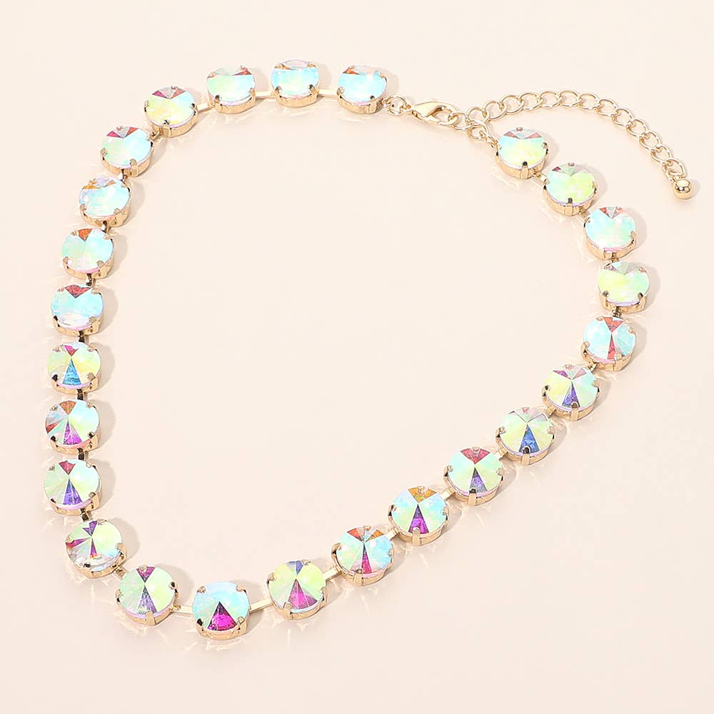 Round Cut Stone Cluster Link Evening Necklace: Gold,Opal,Pink