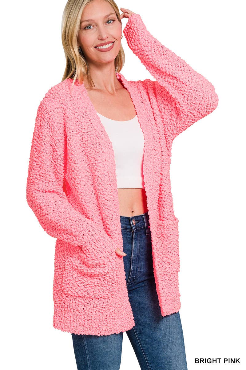 Long Sleeve Popcorn Sweater Cardigan With Pockets: BROWN / 1-1-1-1 (S-M-L-XL)
