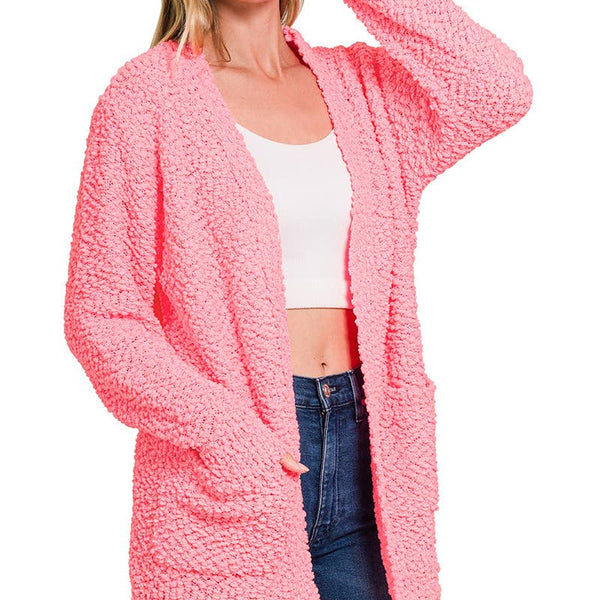 Bright pink Popcorn Cardigan With Pockets