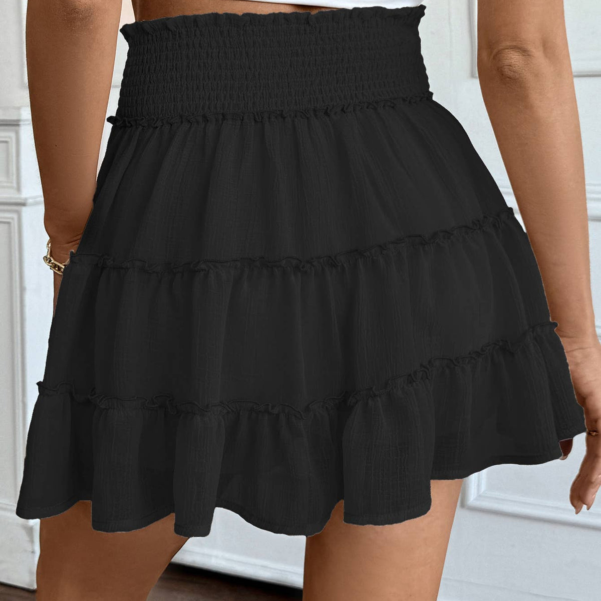 High waist ruffle mini skirt with built in short: Black