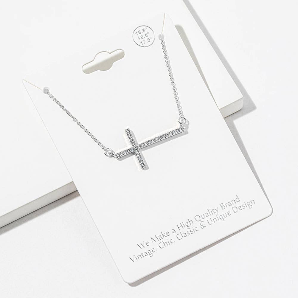 Sidways Crystal Pave Cross Pendant Necklace: Clear,Gold