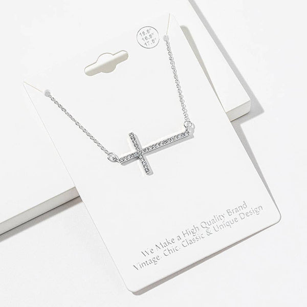 Sidways Crystal Pave Cross Pendant Necklace: Clear,Rhodium