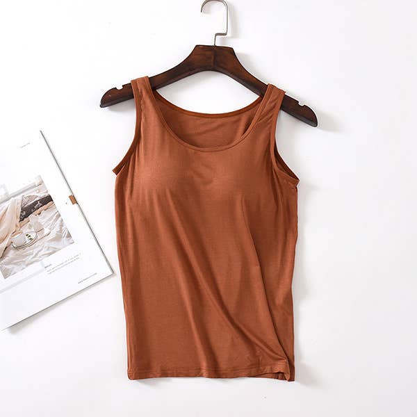Skin-friendly soft round neck built-in bra tank top: Black / L