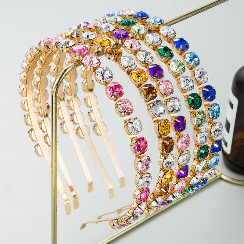 Baroque Gold Metal Headband With Colorful Rhinestones: Pastel Pink