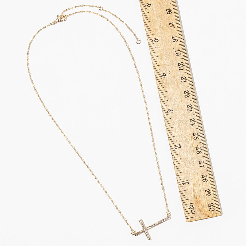 Sidways Crystal Pave Cross Pendant Necklace: Clear,Gold