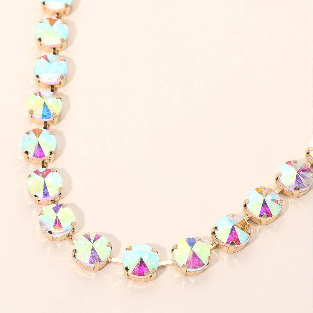 Round Cut Stone Cluster Link Evening Necklace: Gold,Opal,Pink