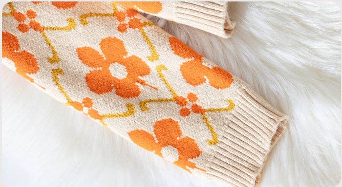 Floral Jacquard Sweater Knitted Cardigan: Orange Apricot