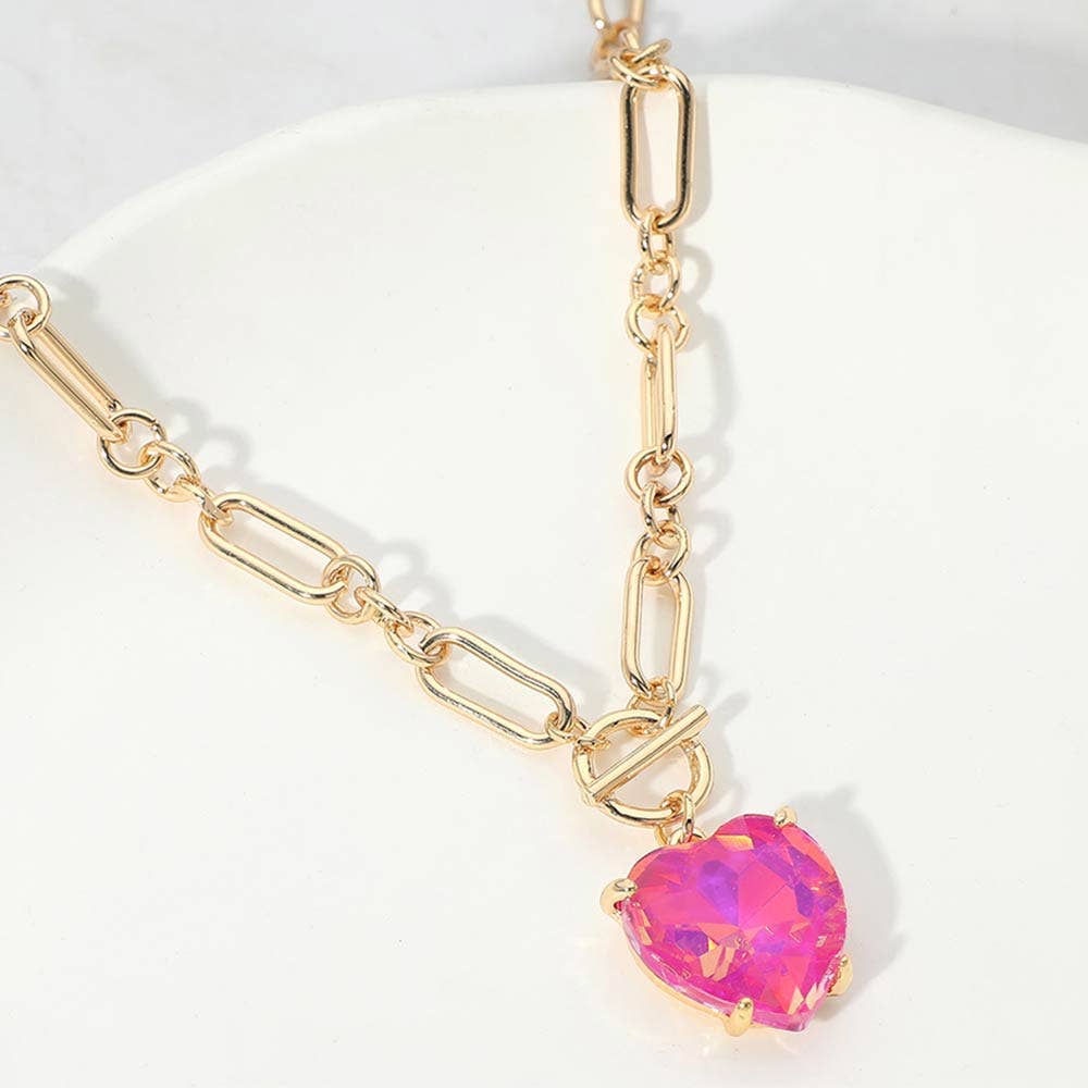 Chunky Heart Stone Cluster Toggle Pendant Necklace: Fuchsia,Neon